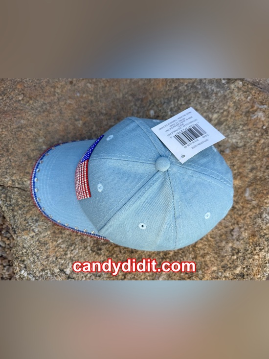 Handmade Light Blue Denim Baseball Cap with Rhinestone American Flag main image 10
